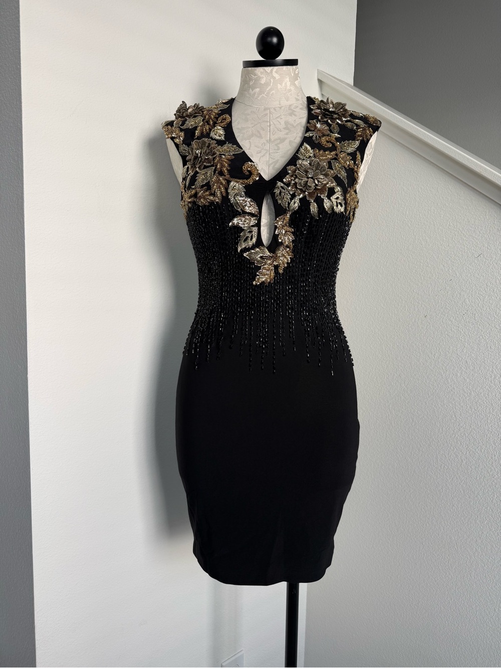 NWT Atria Couture Black Gold 3D Flower Appliqué Embroidered Beaded Dress Small 6